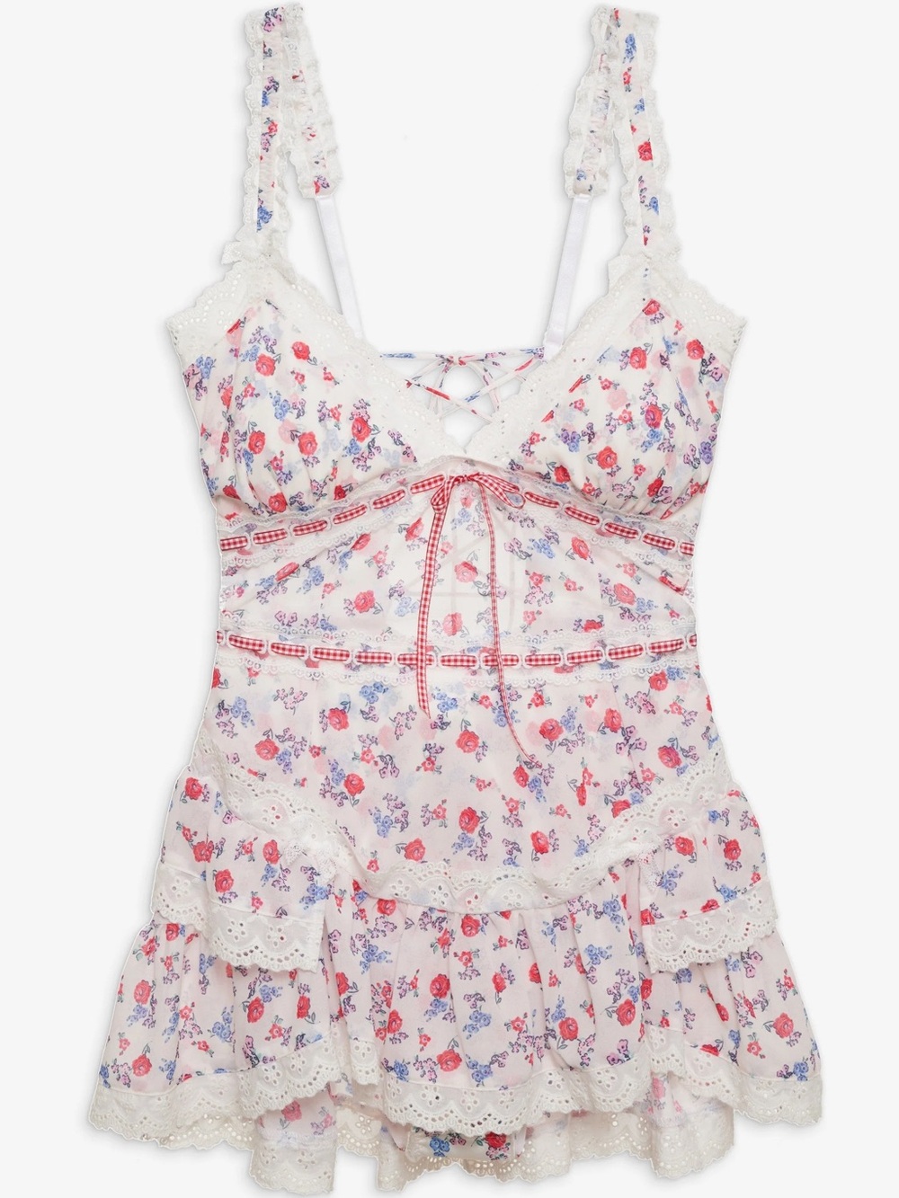 For Love & Lemons White Floral Lace-Trim minidress with Pink & Blue Accents